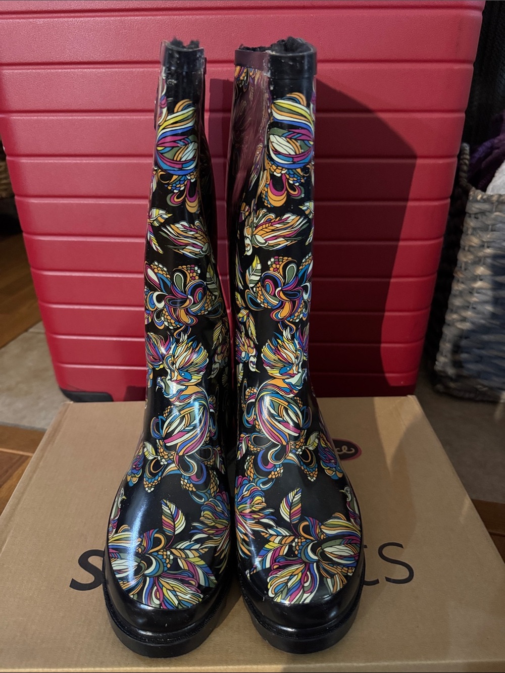Skechers Black Floral Multicolor Women's Rain Boots